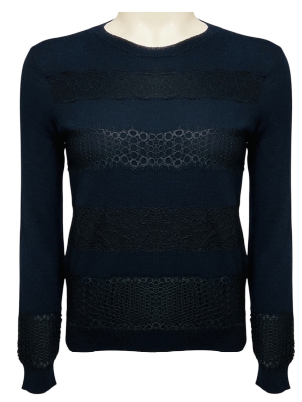 GIAMBATTISTA VALLI NAVY BLUE LACE TRIMMED CASHMERE KNIT PULLOVER SWEATER